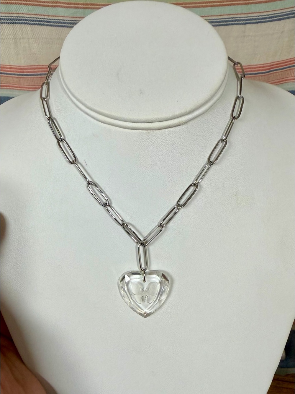 Silver-Tone Paperclip Chain Necklace with Clear Heart Butterfly Pendant- 16”